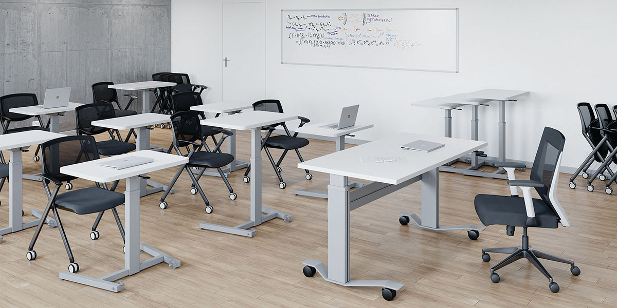SkateDesk is a pneumatic sit/stand student desk by RightAngle